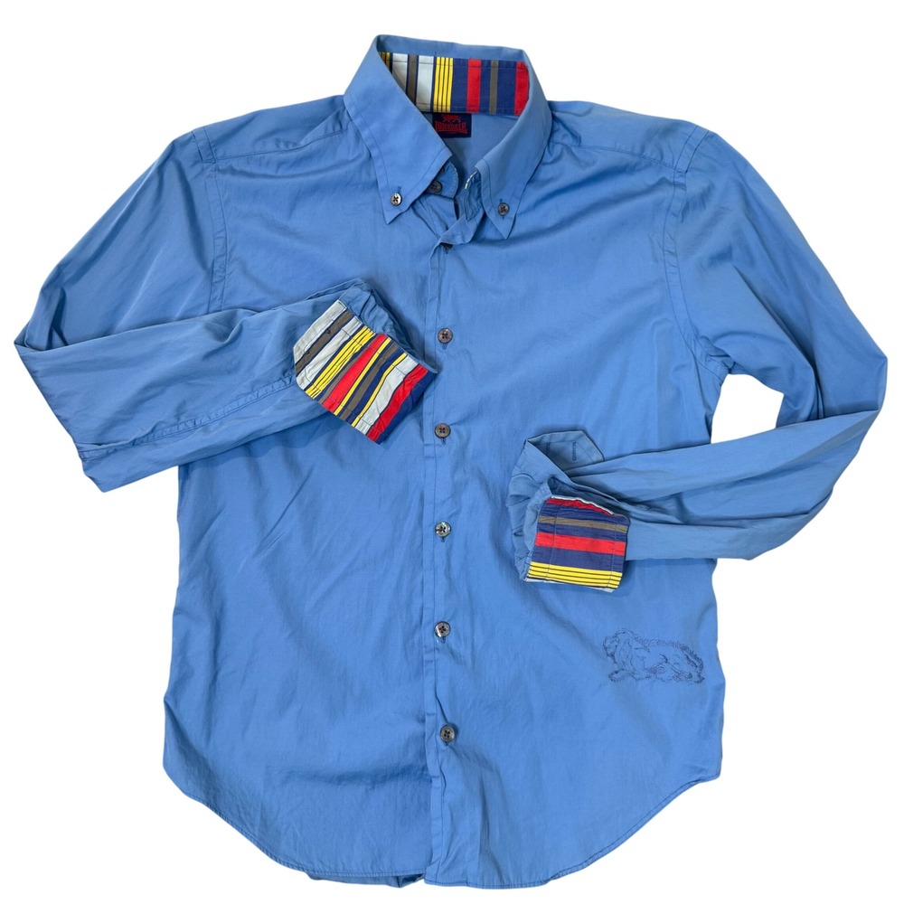 Mens Button Down Embroidered Lion Shirt Size‎ S Striped Contrast Cuffs Mod Retro